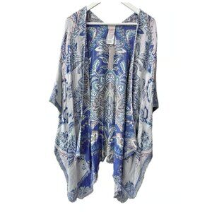 Chico's $119 NWT Floral Embroidered Blue Jacquard Ruana Kimono Poncho One Size